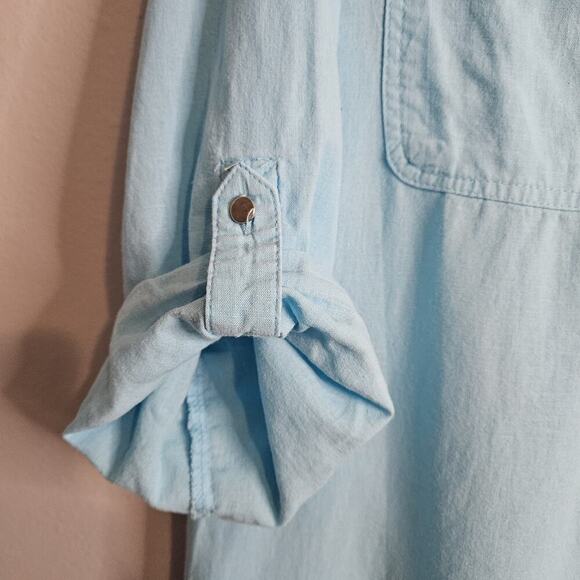 Emily Daniels Women's XL Blouse, Aqua Woven Linen Blend 3/4 Roll-tab Sleeves - Picture 5 of 12